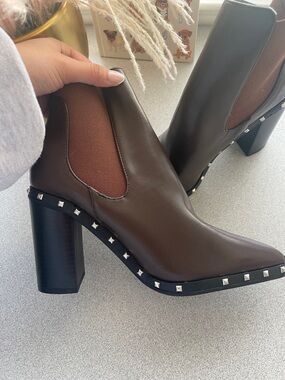 Brown Studded Katliu Block Heel Ankle Boots